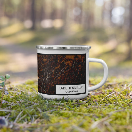 Right View Custom Lake Tenkiller Oklahoma Map Enamel Mug in Ember on Grass With Trees in Background