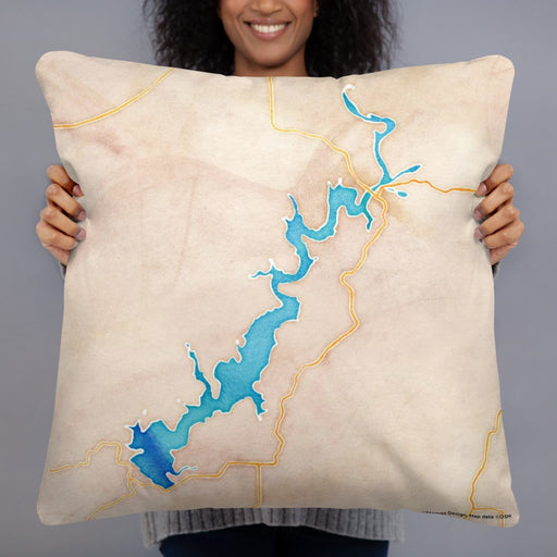 Person holding 22x22 Custom Lake Tenkiller Oklahoma Map Throw Pillow in Watercolor