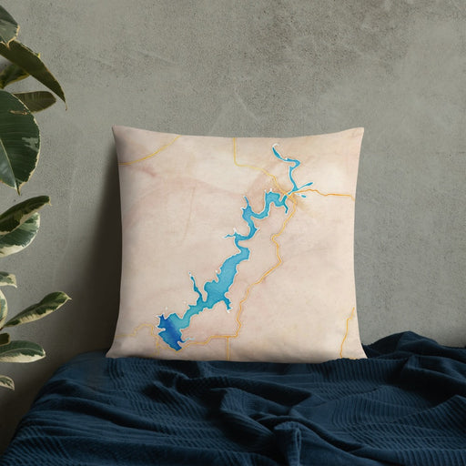 Custom Lake Tenkiller Oklahoma Map Throw Pillow in Watercolor on Bedding Against Wall