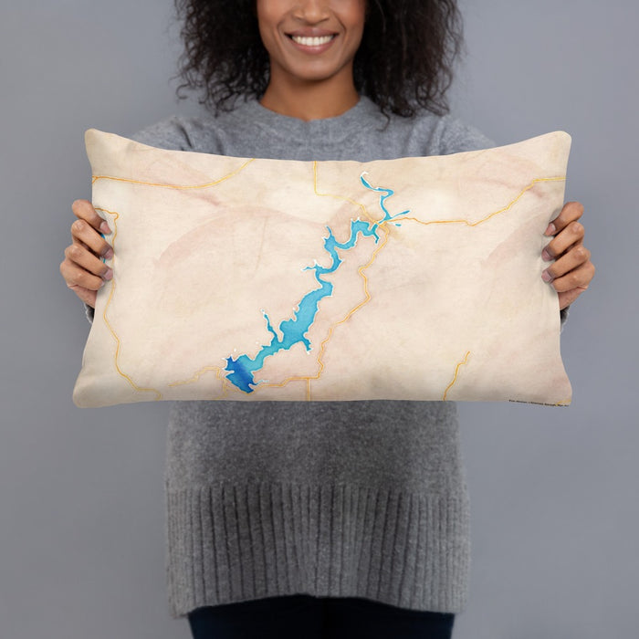 Person holding 20x12 Custom Lake Tenkiller Oklahoma Map Throw Pillow in Watercolor