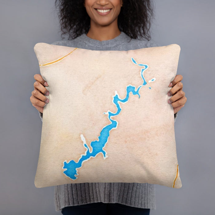 Person holding 18x18 Custom Lake Tenkiller Oklahoma Map Throw Pillow in Watercolor