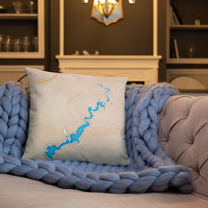 Custom Lake Tenkiller Oklahoma Map Throw Pillow in Watercolor on Cream Colored Couch