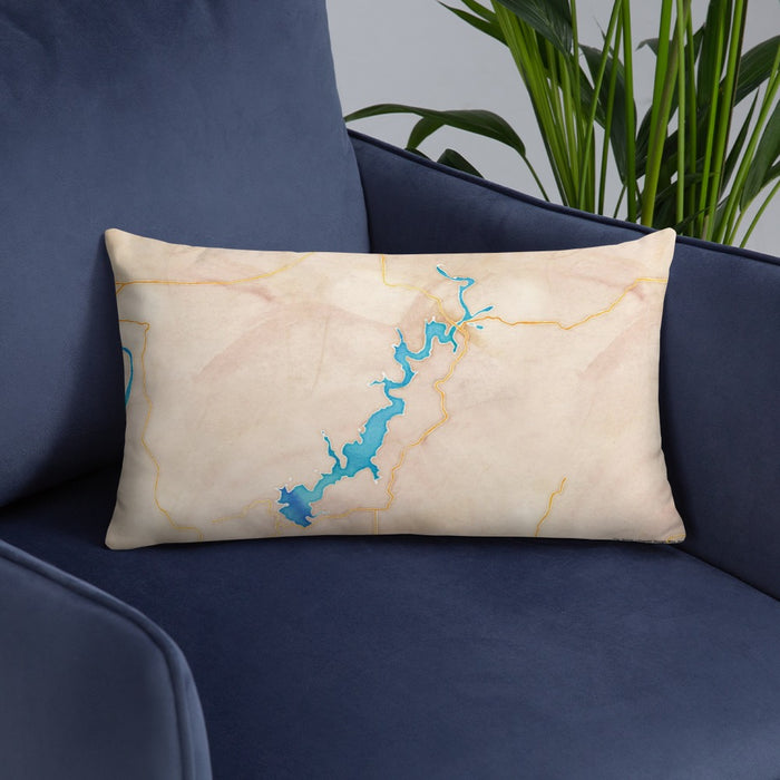 Custom Lake Tenkiller Oklahoma Map Throw Pillow in Watercolor on Blue Colored Chair