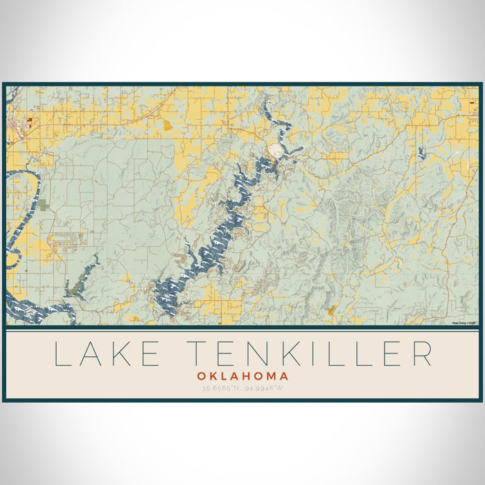 Lake Tenkiller Oklahoma Map Print Landscape Orientation in Woodblock Style With Shaded Background