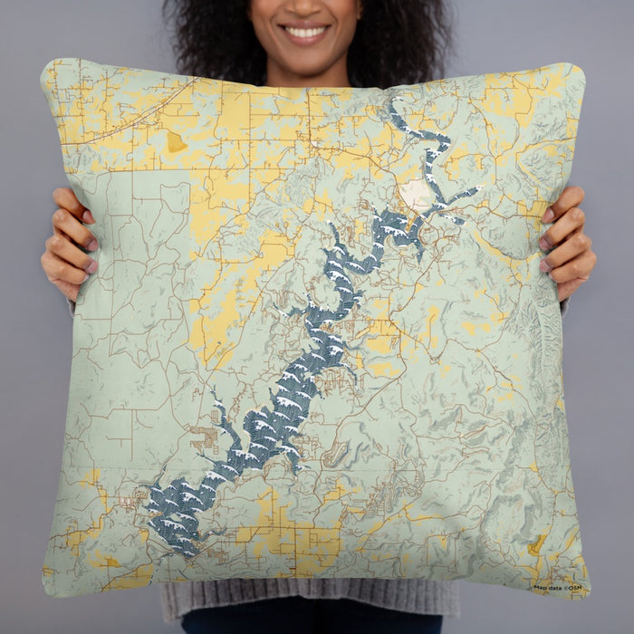 Person holding 22x22 Custom Lake Tenkiller Oklahoma Map Throw Pillow in Woodblock