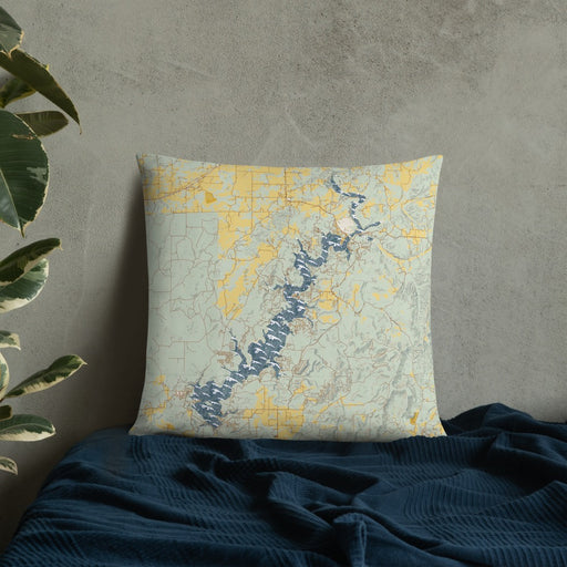 Custom Lake Tenkiller Oklahoma Map Throw Pillow in Woodblock on Bedding Against Wall