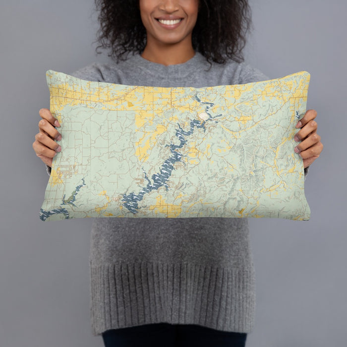 Person holding 20x12 Custom Lake Tenkiller Oklahoma Map Throw Pillow in Woodblock