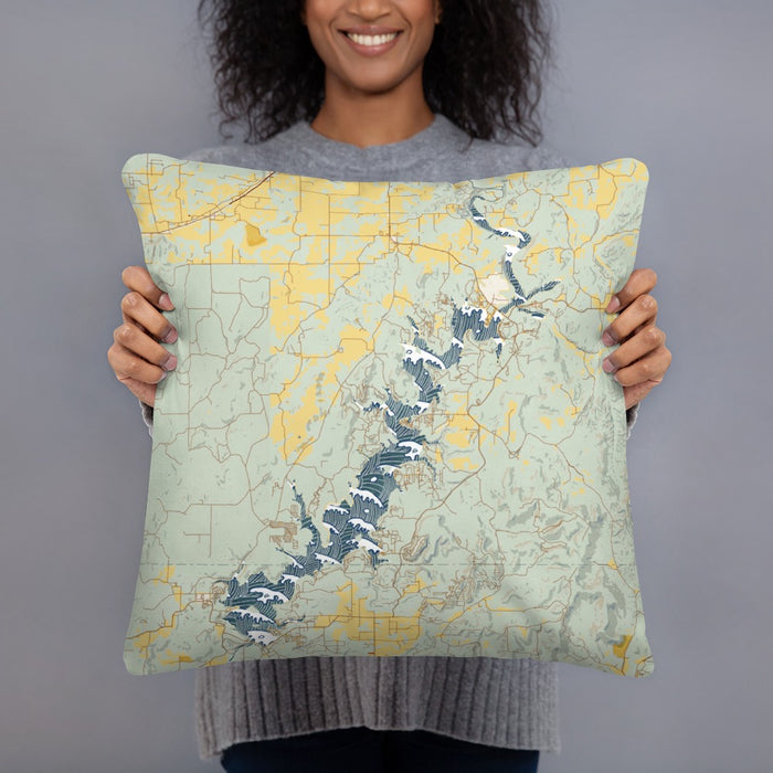 Person holding 18x18 Custom Lake Tenkiller Oklahoma Map Throw Pillow in Woodblock
