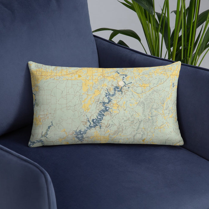 Custom Lake Tenkiller Oklahoma Map Throw Pillow in Woodblock on Blue Colored Chair