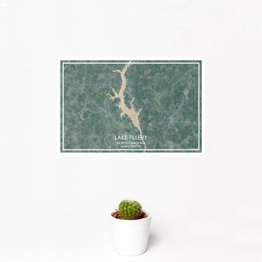 12x18 Lake Tillery North Carolina Map Print Landscape Orientation in Afternoon Style With Small Cactus Plant in White Planter