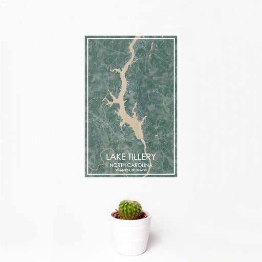 12x18 Lake Tillery North Carolina Map Print Portrait Orientation in Afternoon Style With Small Cactus Plant in White Planter
