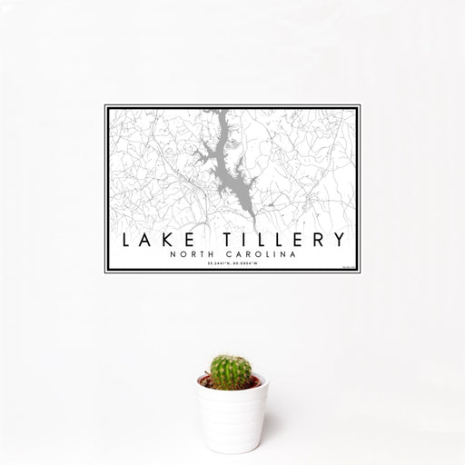 12x18 Lake Tillery North Carolina Map Print Landscape Orientation in Classic Style With Small Cactus Plant in White Planter