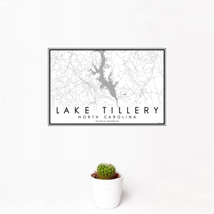 12x18 Lake Tillery North Carolina Map Print Landscape Orientation in Classic Style With Small Cactus Plant in White Planter