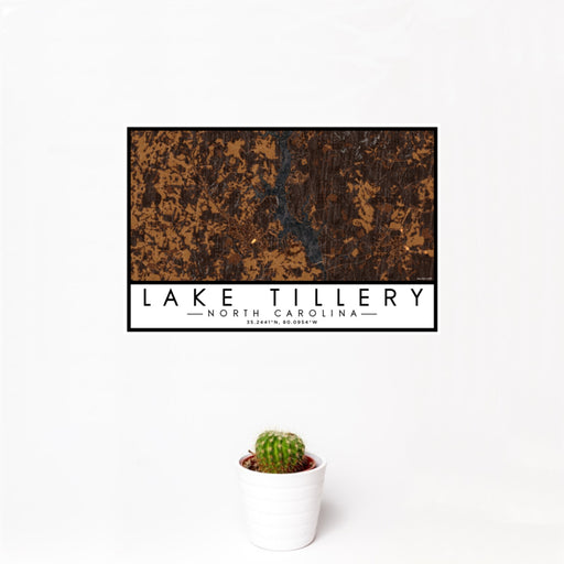 12x18 Lake Tillery North Carolina Map Print Landscape Orientation in Ember Style With Small Cactus Plant in White Planter