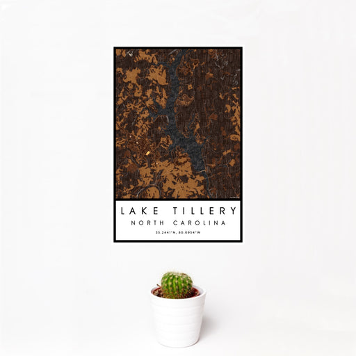 12x18 Lake Tillery North Carolina Map Print Portrait Orientation in Ember Style With Small Cactus Plant in White Planter