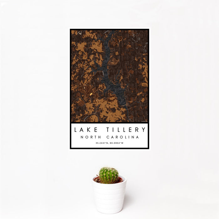 12x18 Lake Tillery North Carolina Map Print Portrait Orientation in Ember Style With Small Cactus Plant in White Planter