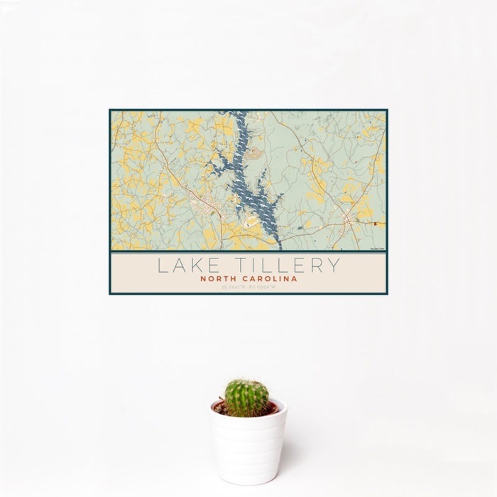 12x18 Lake Tillery North Carolina Map Print Landscape Orientation in Woodblock Style With Small Cactus Plant in White Planter