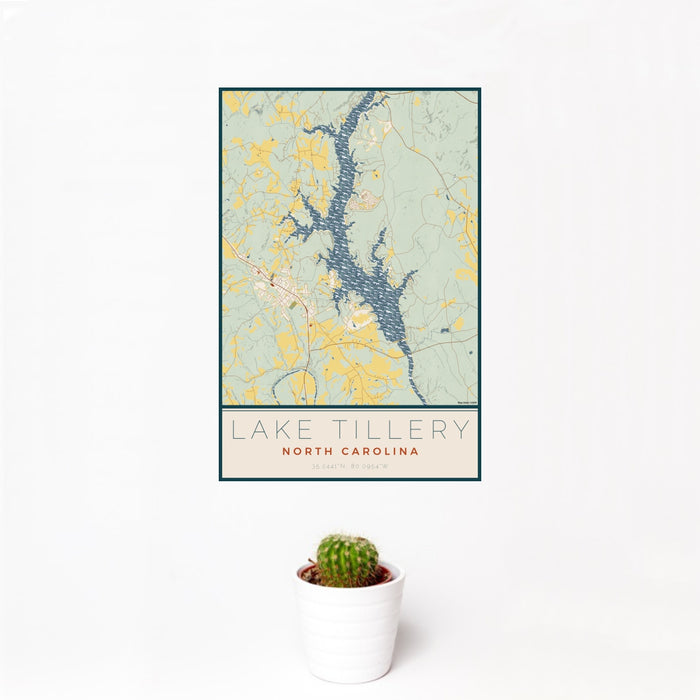12x18 Lake Tillery North Carolina Map Print Portrait Orientation in Woodblock Style With Small Cactus Plant in White Planter