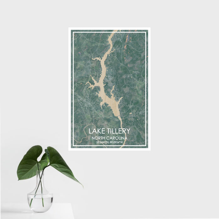 16x24 Lake Tillery North Carolina Map Print Portrait Orientation in Afternoon Style With Tropical Plant Leaves in Water
