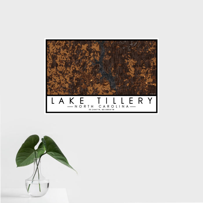 16x24 Lake Tillery North Carolina Map Print Landscape Orientation in Ember Style With Tropical Plant Leaves in Water