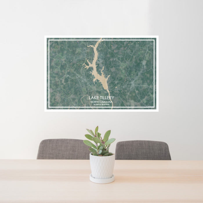 24x36 Lake Tillery North Carolina Map Print Lanscape Orientation in Afternoon Style Behind 2 Chairs Table and Potted Plant