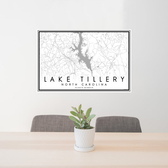 24x36 Lake Tillery North Carolina Map Print Lanscape Orientation in Classic Style Behind 2 Chairs Table and Potted Plant