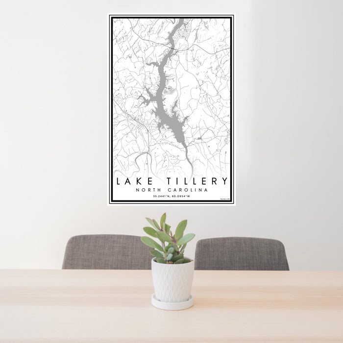 24x36 Lake Tillery North Carolina Map Print Portrait Orientation in Classic Style Behind 2 Chairs Table and Potted Plant