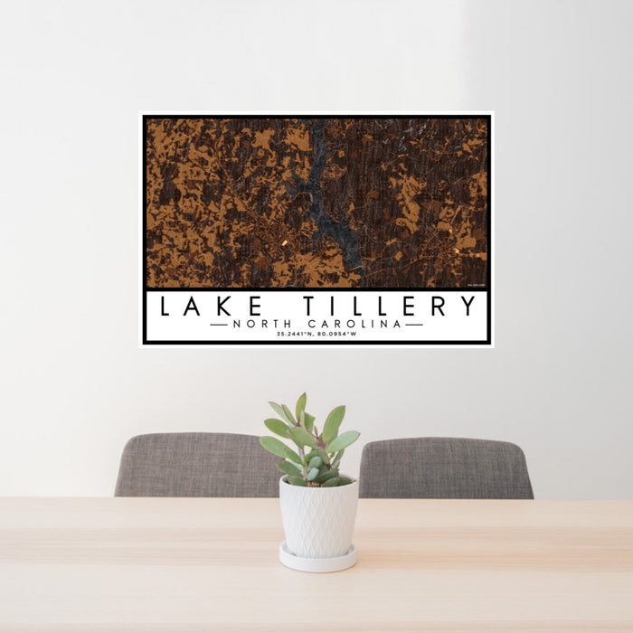 24x36 Lake Tillery North Carolina Map Print Lanscape Orientation in Ember Style Behind 2 Chairs Table and Potted Plant