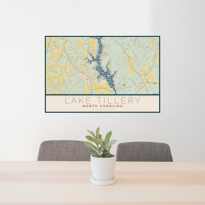 24x36 Lake Tillery North Carolina Map Print Lanscape Orientation in Woodblock Style Behind 2 Chairs Table and Potted Plant