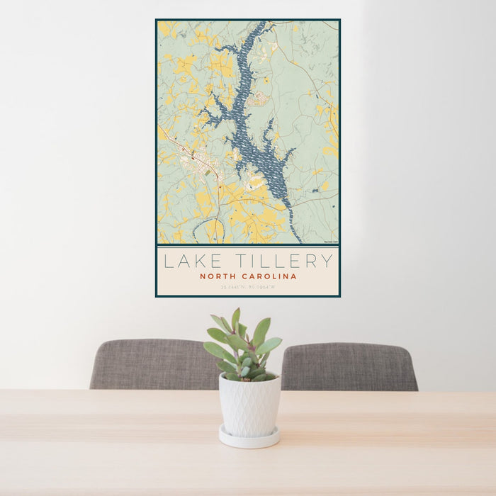 24x36 Lake Tillery North Carolina Map Print Portrait Orientation in Woodblock Style Behind 2 Chairs Table and Potted Plant