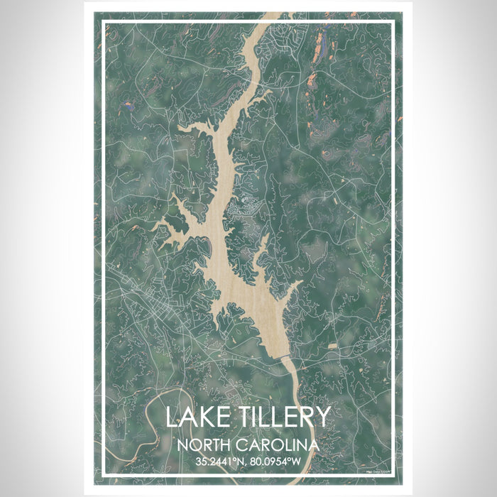 Lake Tillery North Carolina Map Print Portrait Orientation in Afternoon Style With Shaded Background