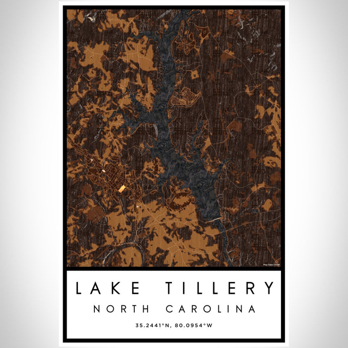 Lake Tillery North Carolina Map Print Portrait Orientation in Ember Style With Shaded Background