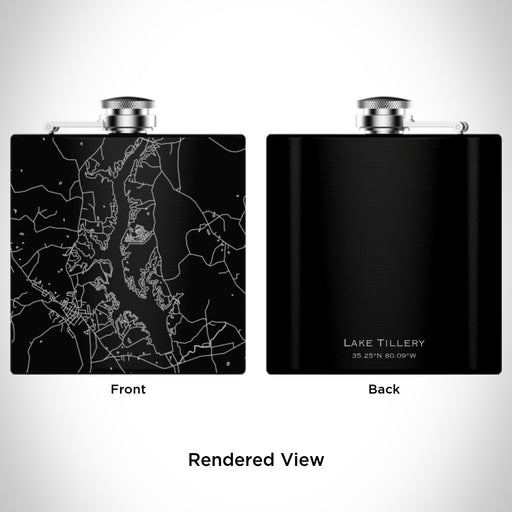 Rendered View of Lake Tillery North Carolina Map Engraving on 6oz Stainless Steel Flask in Black