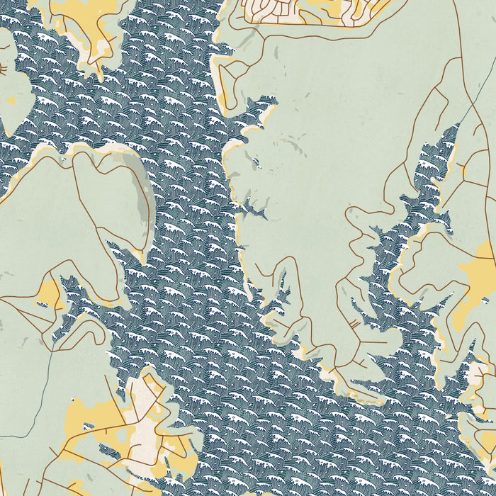 Lake Tillery North Carolina Map Print in Woodblock Style Zoomed In Close Up Showing Details