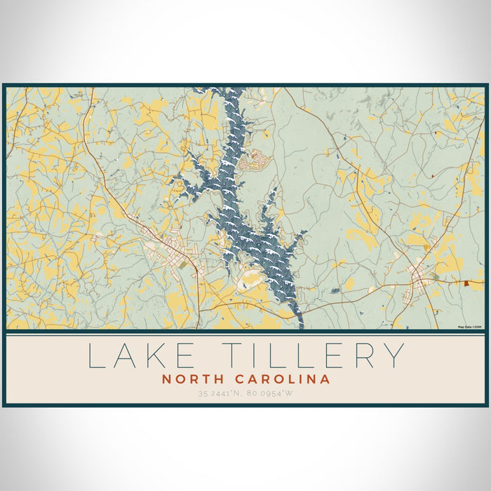 Lake Tillery North Carolina Map Print Landscape Orientation in Woodblock Style With Shaded Background