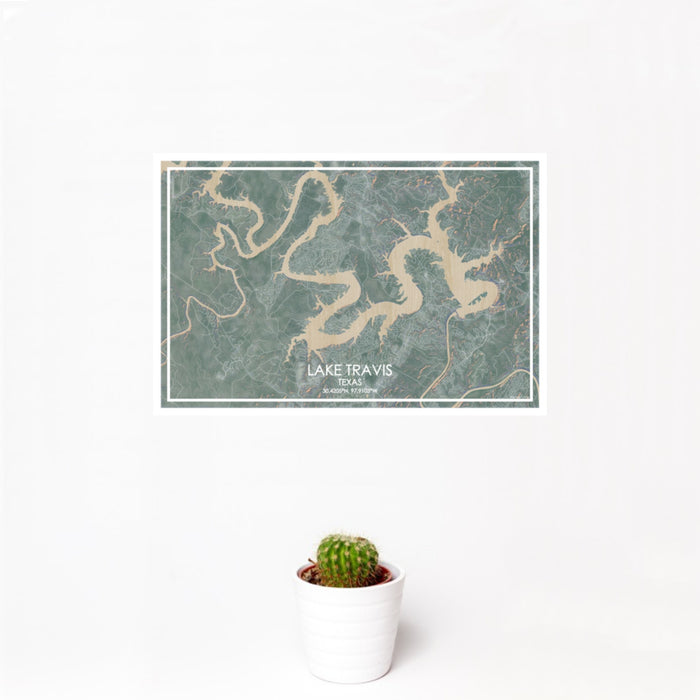12x18 Lake Travis Texas Map Print Landscape Orientation in Afternoon Style With Small Cactus Plant in White Planter