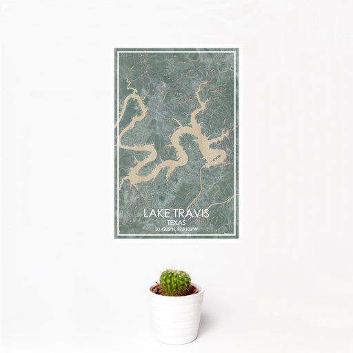 12x18 Lake Travis Texas Map Print Portrait Orientation in Afternoon Style With Small Cactus Plant in White Planter