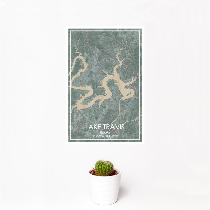 12x18 Lake Travis Texas Map Print Portrait Orientation in Afternoon Style With Small Cactus Plant in White Planter