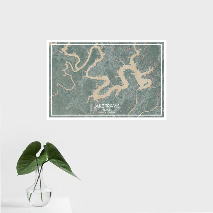 16x24 Lake Travis Texas Map Print Landscape Orientation in Afternoon Style With Tropical Plant Leaves in Water