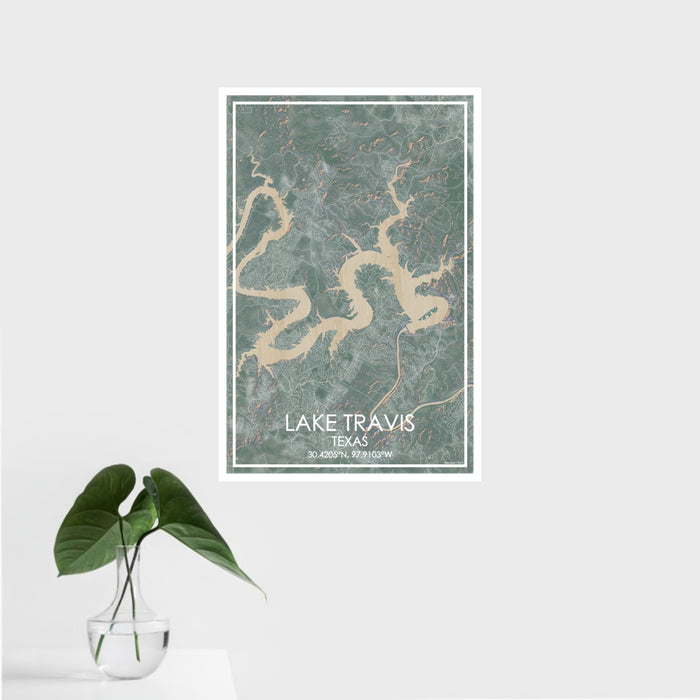 16x24 Lake Travis Texas Map Print Portrait Orientation in Afternoon Style With Tropical Plant Leaves in Water