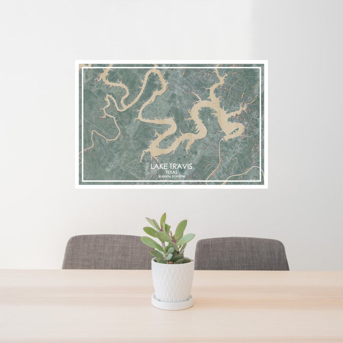 24x36 Lake Travis Texas Map Print Lanscape Orientation in Afternoon Style Behind 2 Chairs Table and Potted Plant