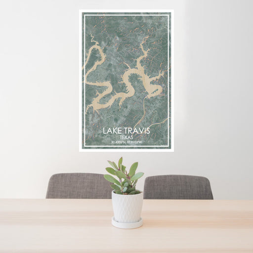 24x36 Lake Travis Texas Map Print Portrait Orientation in Afternoon Style Behind 2 Chairs Table and Potted Plant