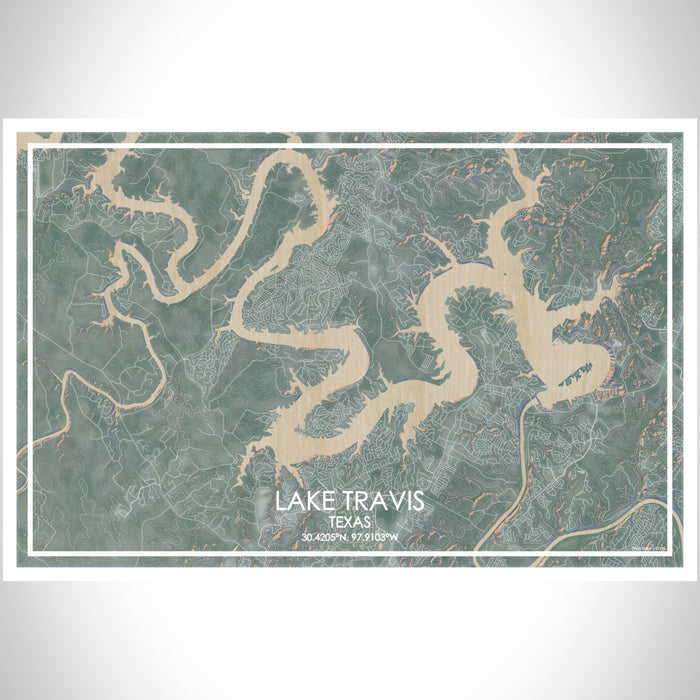 Lake Travis Texas Map Print Landscape Orientation in Afternoon Style With Shaded Background