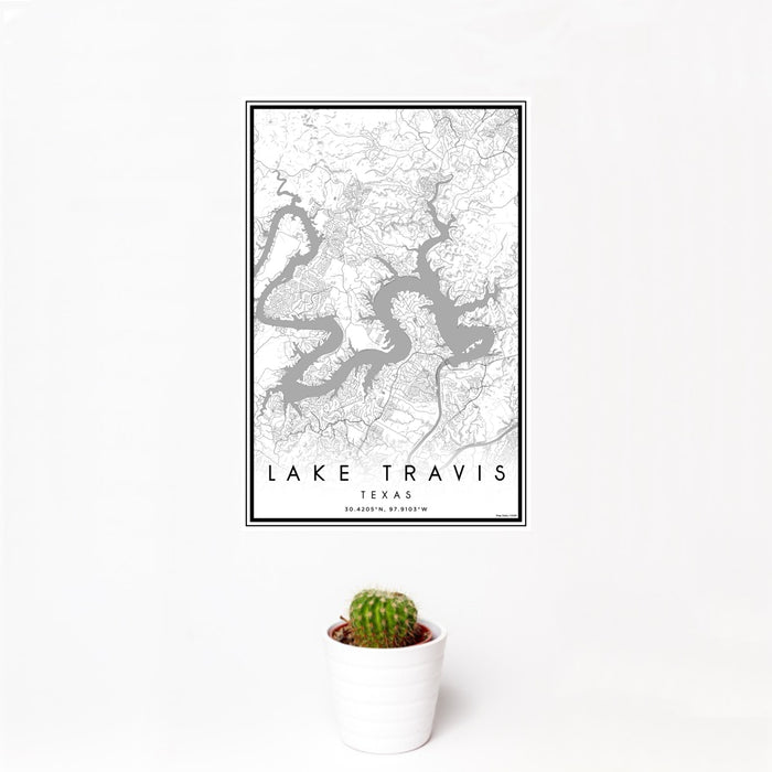 12x18 Lake Travis Texas Map Print Portrait Orientation in Classic Style With Small Cactus Plant in White Planter