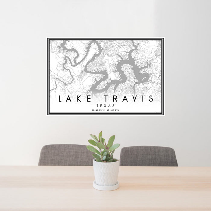 24x36 Lake Travis Texas Map Print Landscape Orientation in Classic Style Behind 2 Chairs Table and Potted Plant