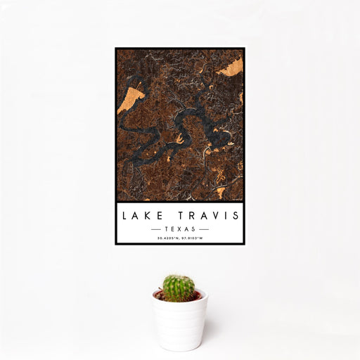 12x18 Lake Travis Texas Map Print Portrait Orientation in Ember Style With Small Cactus Plant in White Planter