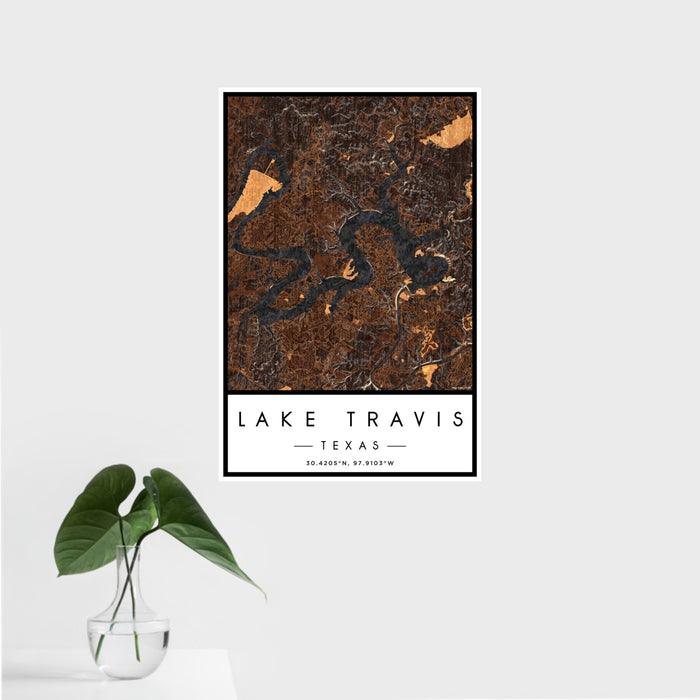 16x24 Lake Travis Texas Map Print Portrait Orientation in Ember Style With Tropical Plant Leaves in Water