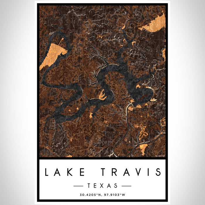 Lake Travis Texas Map Print Portrait Orientation in Ember Style With Shaded Background