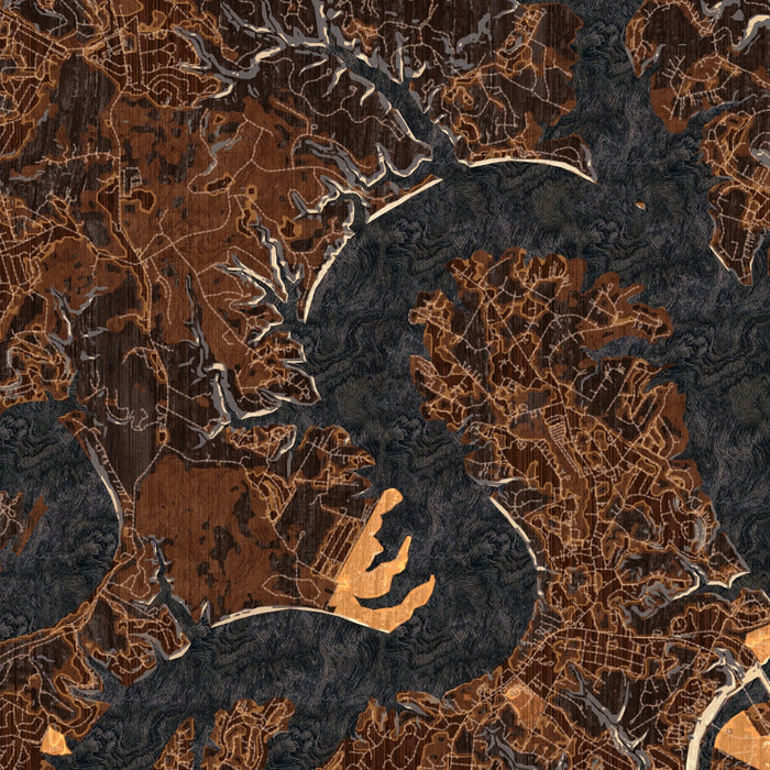 Lake Travis Texas Map Print in Ember Style Zoomed In Close Up Showing Details