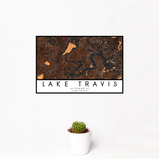 12x18 Lake Travis Texas Map Print Landscape Orientation in Ember Style With Small Cactus Plant in White Planter